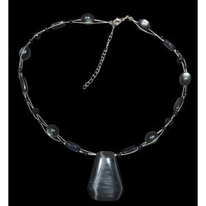 Gothic Black Cateye Glass Beaded Necklace With Geometric Pendant & Adjustable Ch